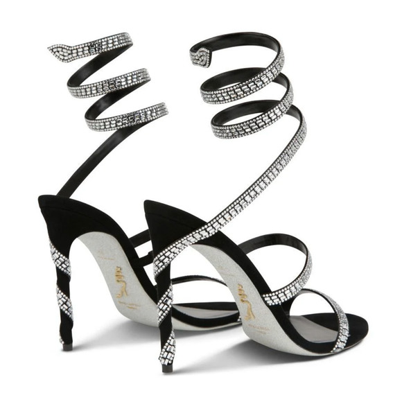 Rene Caovilla Margot Black Silver Crystal Ankle Wrap Strap Sandal Heel Pump 36.5 - Picture 10 of 12